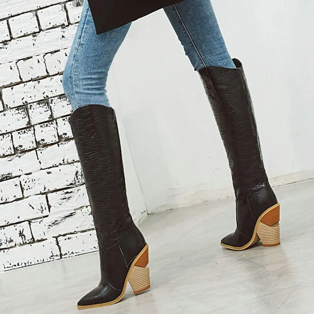 Meefit Women Pointed Toe Cowgirl Boots Stacked Chunky Western Ankle Boots High Heel Mid Calf Cowboy Boots