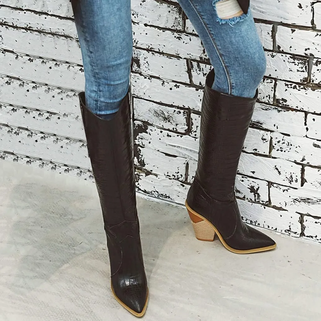 Meefit Women Pointed Toe Cowgirl Boots Stacked Chunky Western Ankle Boots High Heel Mid Calf Cowboy Boots