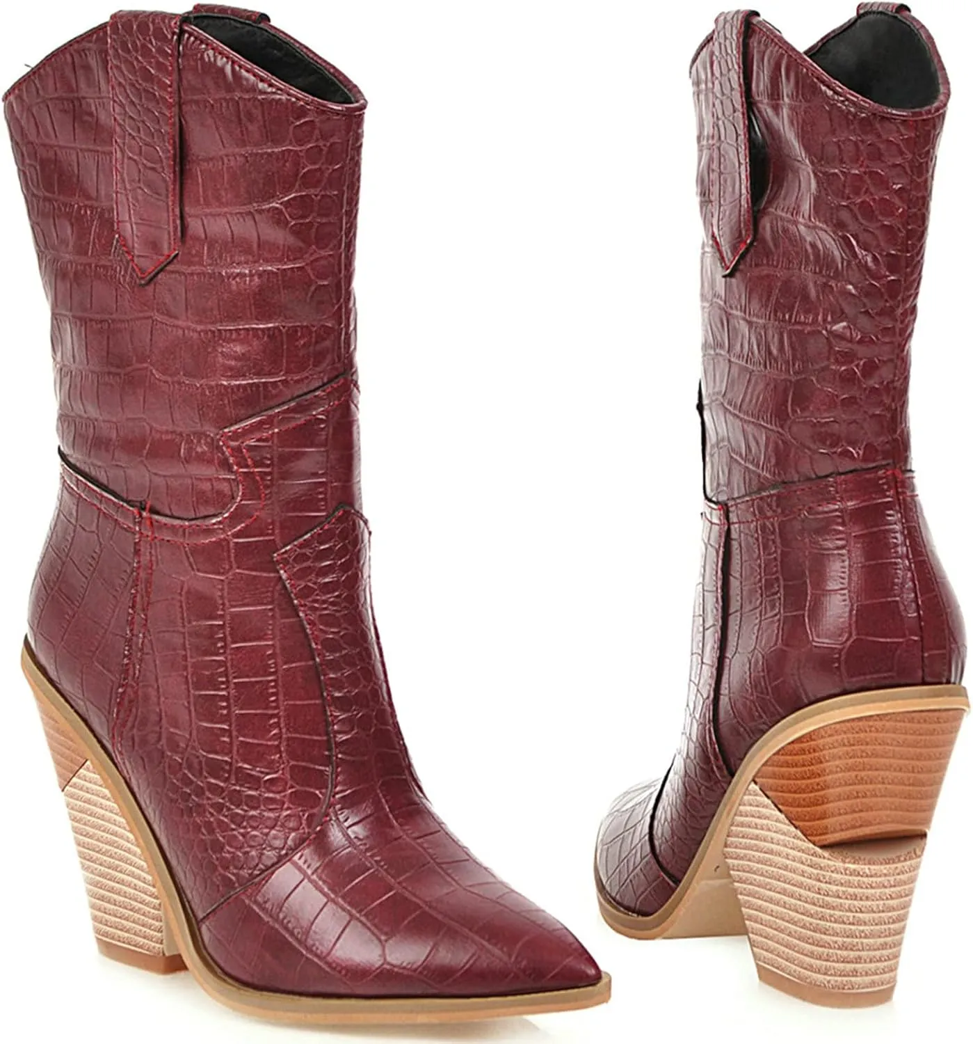 Meefit Women Pointed Toe Cowgirl Boots Stacked Chunky Western Ankle Boots High Heel Mid Calf Cowboy Boots