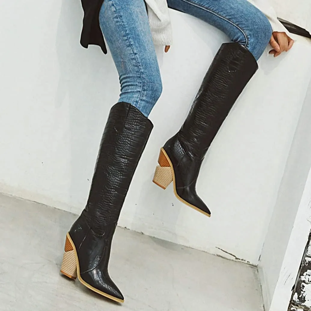 Meefit Women Pointed Toe Cowgirl Boots Stacked Chunky Western Ankle Boots High Heel Mid Calf Cowboy Boots