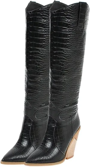 Meefit Women Pointed Toe Cowgirl Boots Stacked Chunky Western Ankle Boots High Heel Mid Calf Cowboy Boots