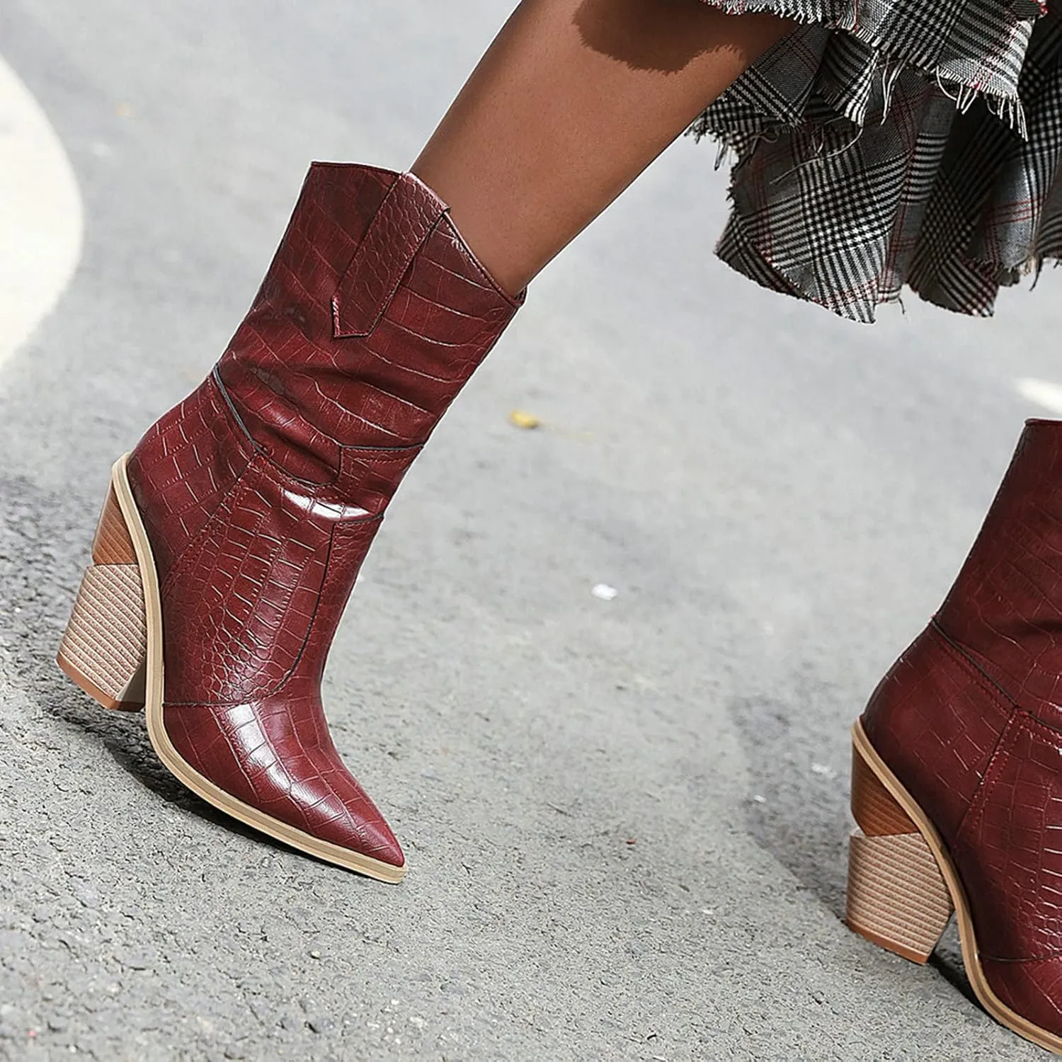 Meefit Women Pointed Toe Cowgirl Boots Stacked Chunky Western Ankle Boots High Heel Mid Calf Cowboy Boots
