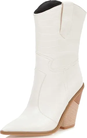 Meefit Women Pointed Toe Cowgirl Boots Stacked Chunky Western Ankle Boots High Heel Mid Calf Cowboy Boots