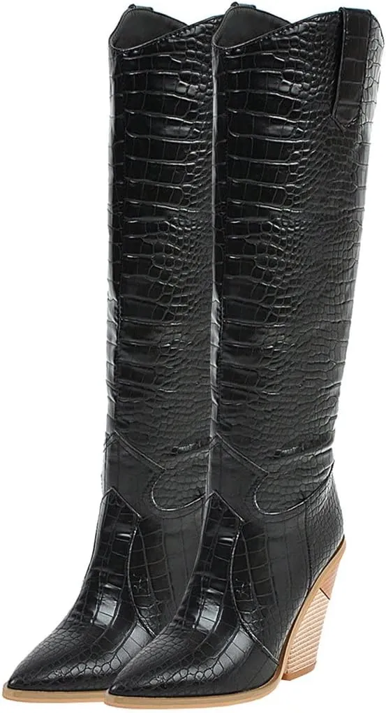 Meefit Women Pointed Toe Cowgirl Boots Stacked Chunky Western Ankle Boots High Heel Mid Calf Cowboy Boots