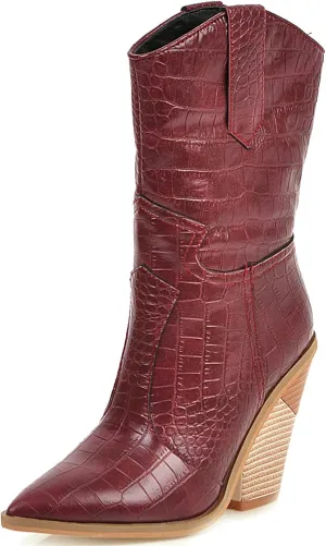 Meefit Women Pointed Toe Cowgirl Boots Stacked Chunky Western Ankle Boots High Heel Mid Calf Cowboy Boots