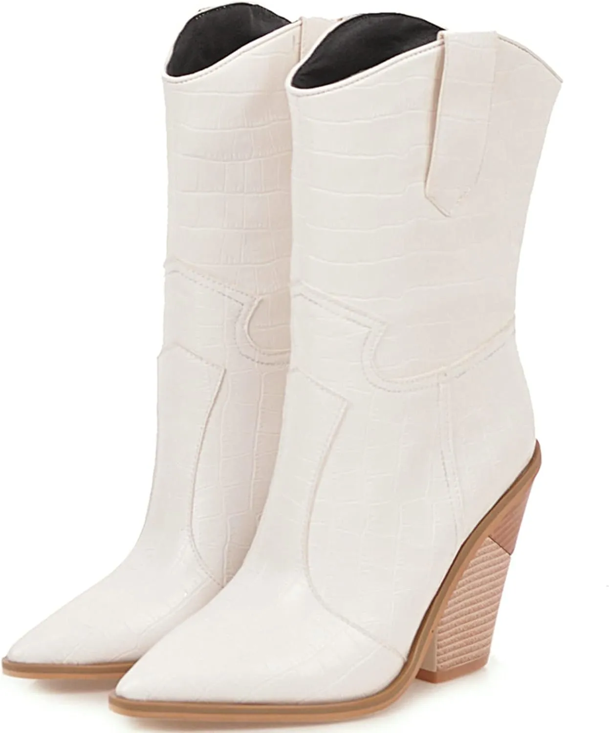 Meefit Women Pointed Toe Cowgirl Boots Stacked Chunky Western Ankle Boots High Heel Mid Calf Cowboy Boots