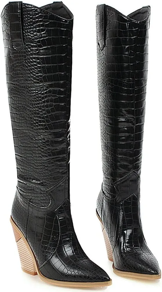 Meefit Women Pointed Toe Cowgirl Boots Stacked Chunky Western Ankle Boots High Heel Mid Calf Cowboy Boots