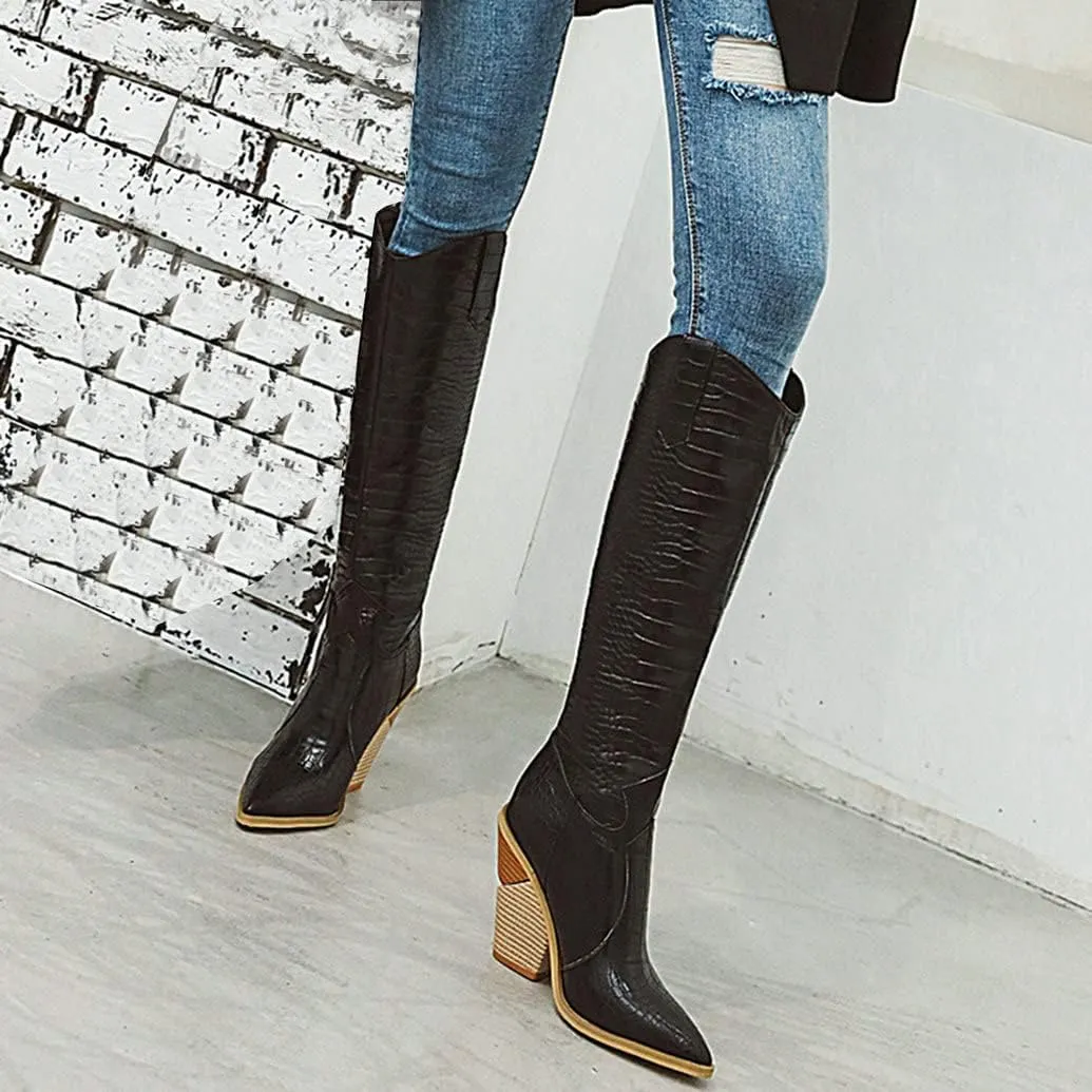 Meefit Women Pointed Toe Cowgirl Boots Stacked Chunky Western Ankle Boots High Heel Mid Calf Cowboy Boots