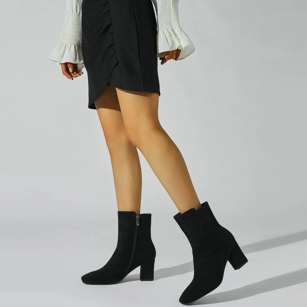 Meefit Women Square Toe GOGO Boots Chunky Heeled Ankle Boots Zipper Winter Block Heel Booties