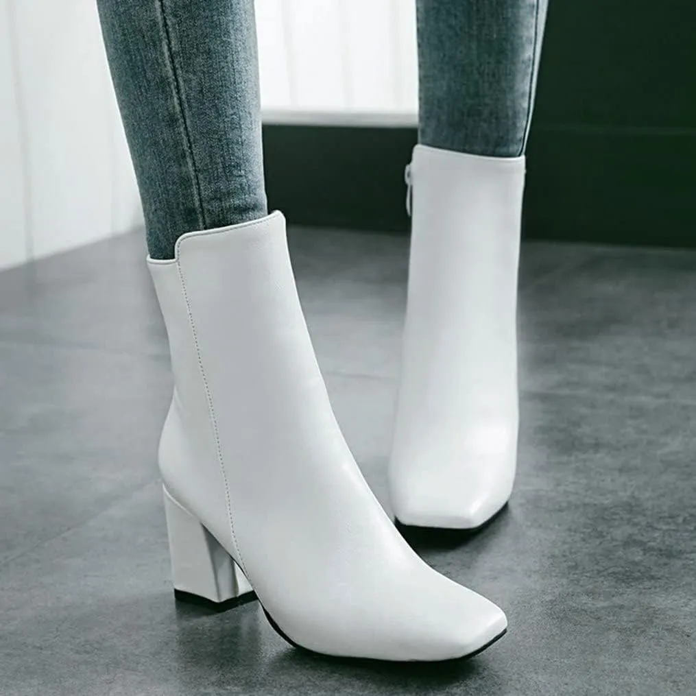 Meefit Women Square Toe GOGO Boots Chunky Heeled Ankle Boots Zipper Winter Block Heel Booties