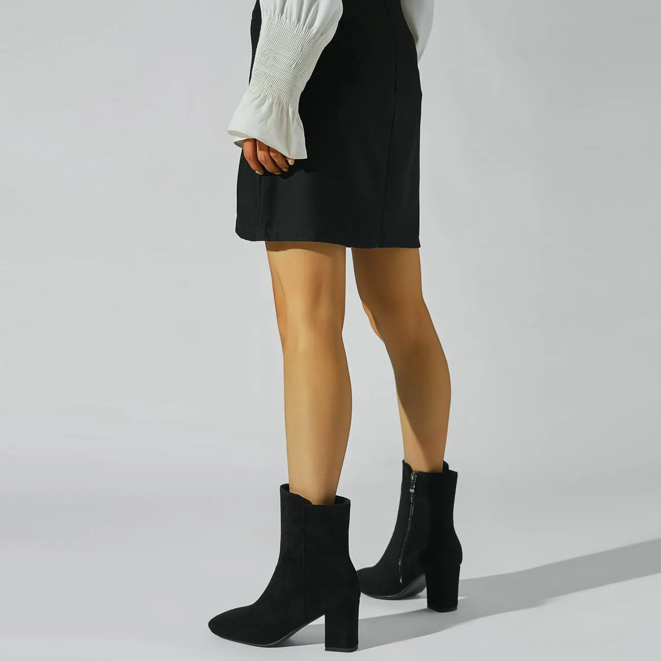 Meefit Women Square Toe GOGO Boots Chunky Heeled Ankle Boots Zipper Winter Block Heel Booties
