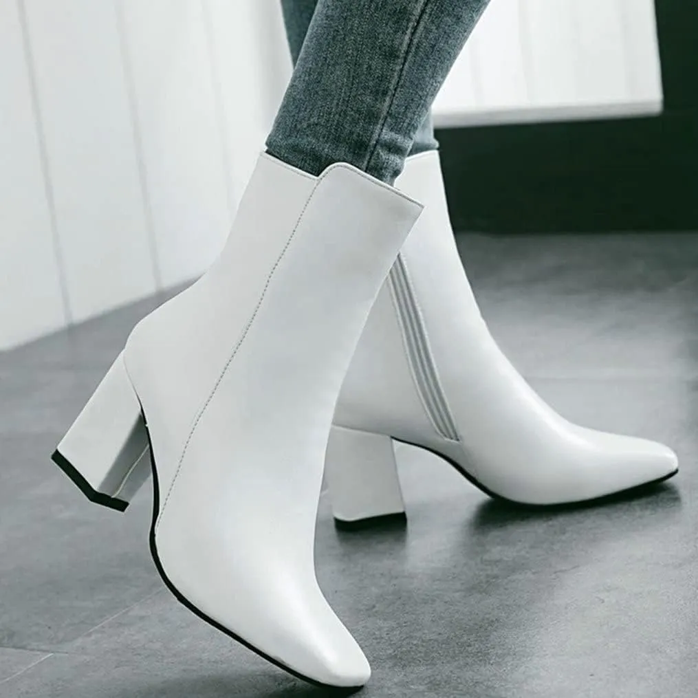Meefit Women Square Toe GOGO Boots Chunky Heeled Ankle Boots Zipper Winter Block Heel Booties