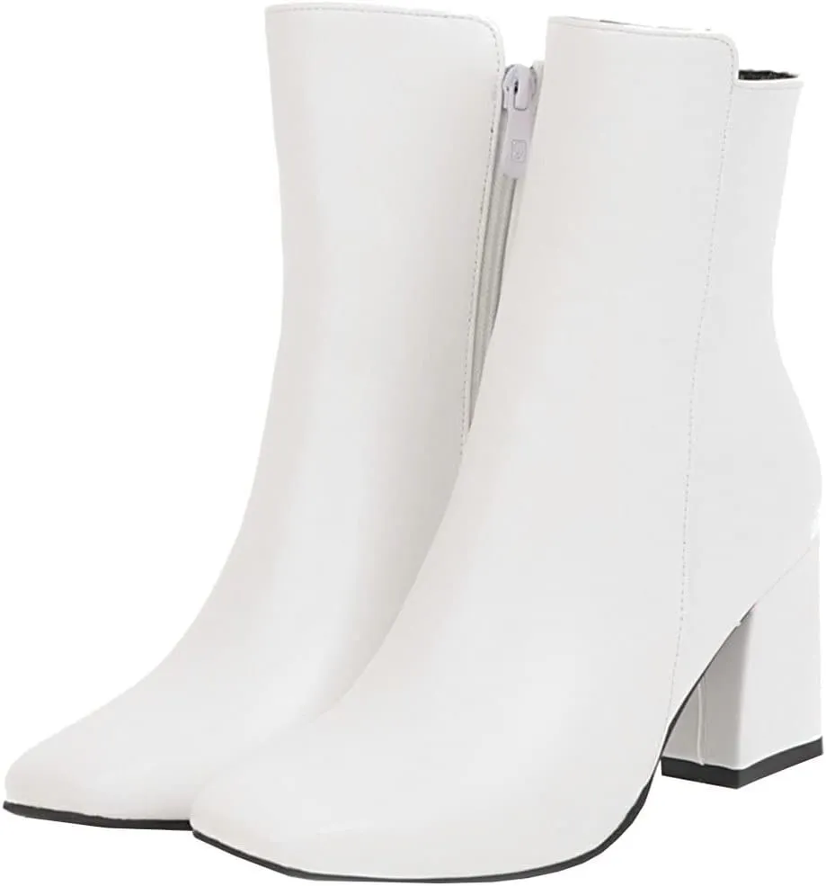 Meefit Women Square Toe GOGO Boots Chunky Heeled Ankle Boots Zipper Winter Block Heel Booties