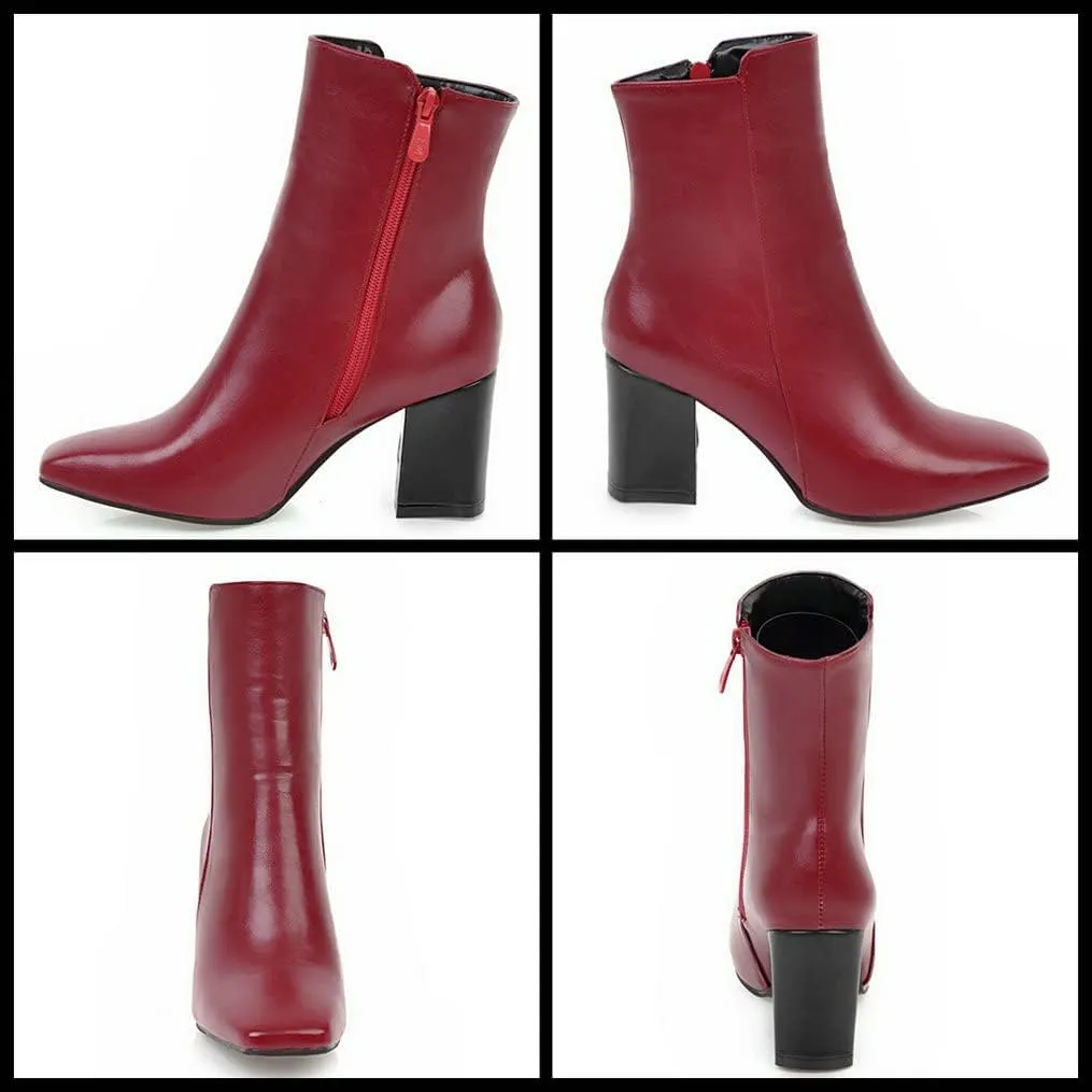 Meefit Women Square Toe GOGO Boots Chunky Heeled Ankle Boots Zipper Winter Block Heel Booties