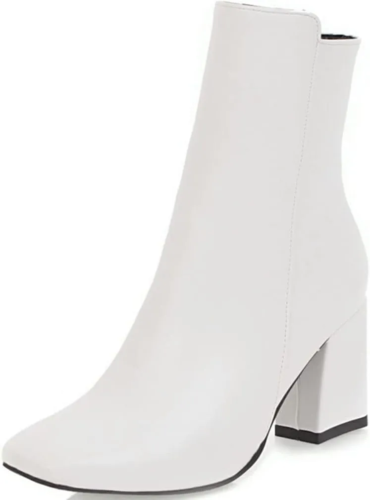 Meefit Women Square Toe GOGO Boots Chunky Heeled Ankle Boots Zipper Winter Block Heel Booties