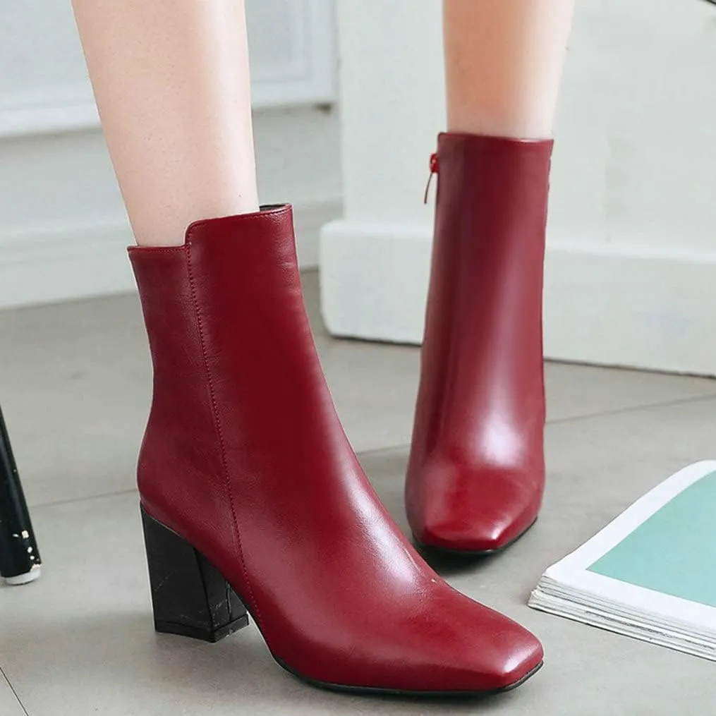 Meefit Women Square Toe GOGO Boots Chunky Heeled Ankle Boots Zipper Winter Block Heel Booties