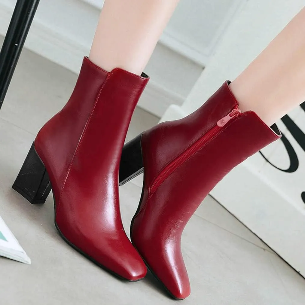 Meefit Women Square Toe GOGO Boots Chunky Heeled Ankle Boots Zipper Winter Block Heel Booties