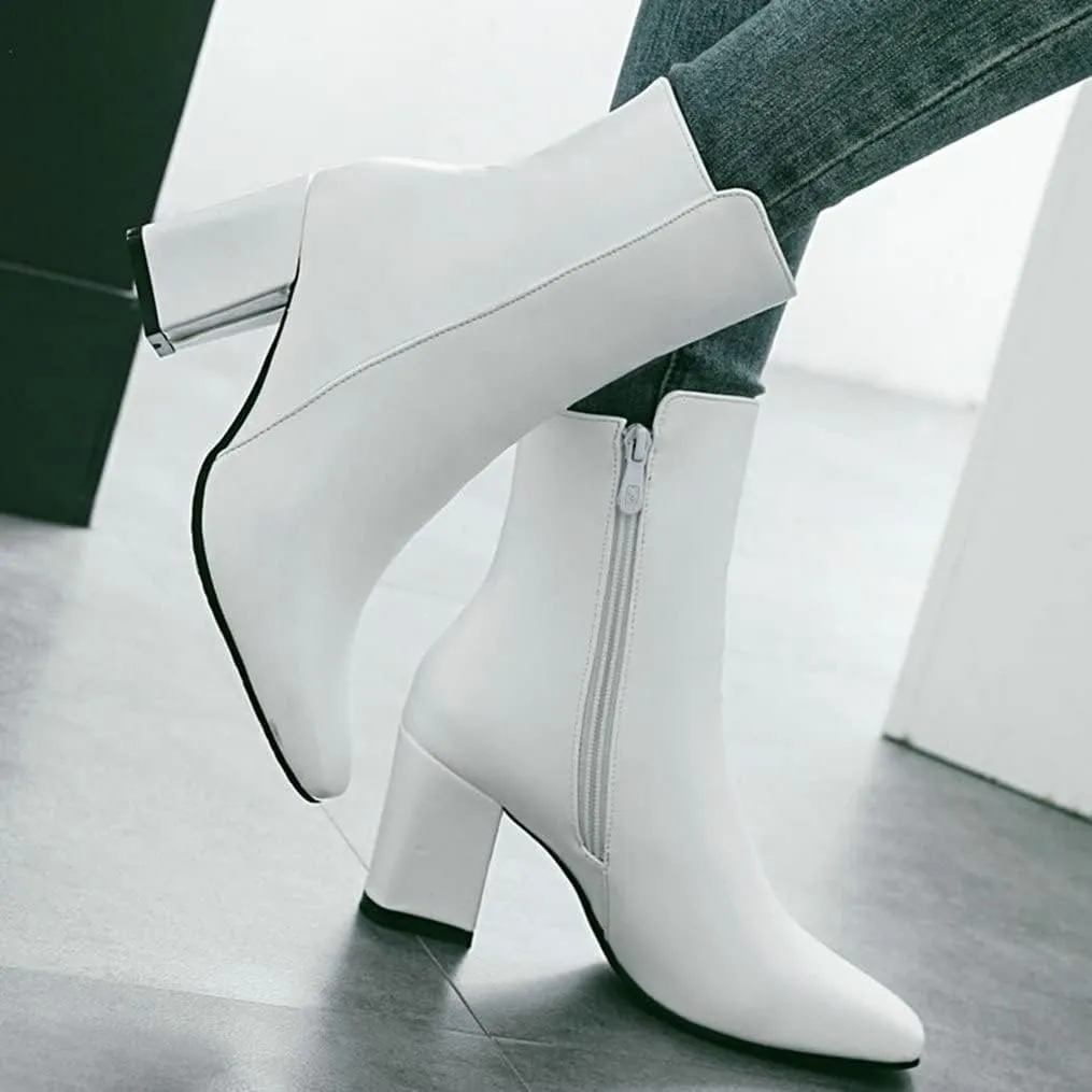 Meefit Women Square Toe GOGO Boots Chunky Heeled Ankle Boots Zipper Winter Block Heel Booties