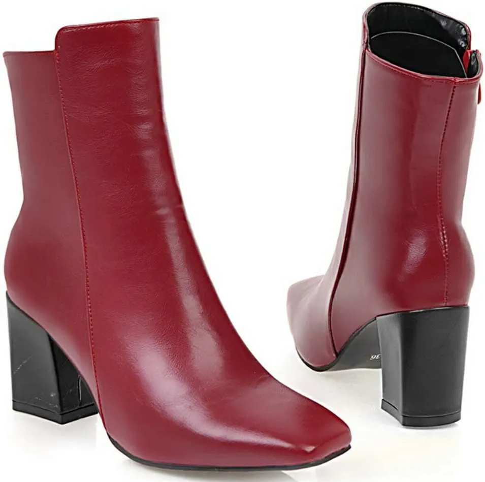 Meefit Women Square Toe GOGO Boots Chunky Heeled Ankle Boots Zipper Winter Block Heel Booties