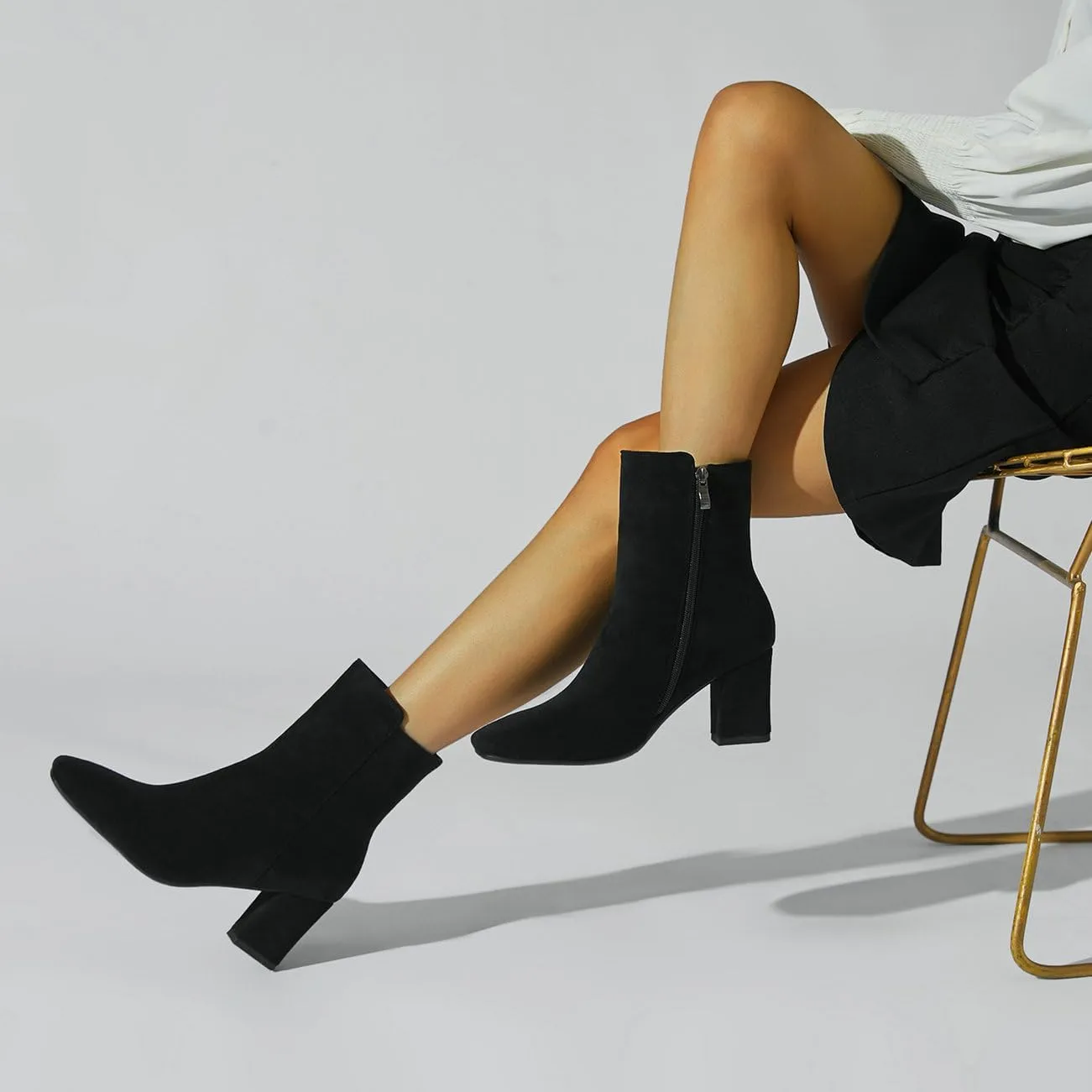 Meefit Women Square Toe GOGO Boots Chunky Heeled Ankle Boots Zipper Winter Block Heel Booties