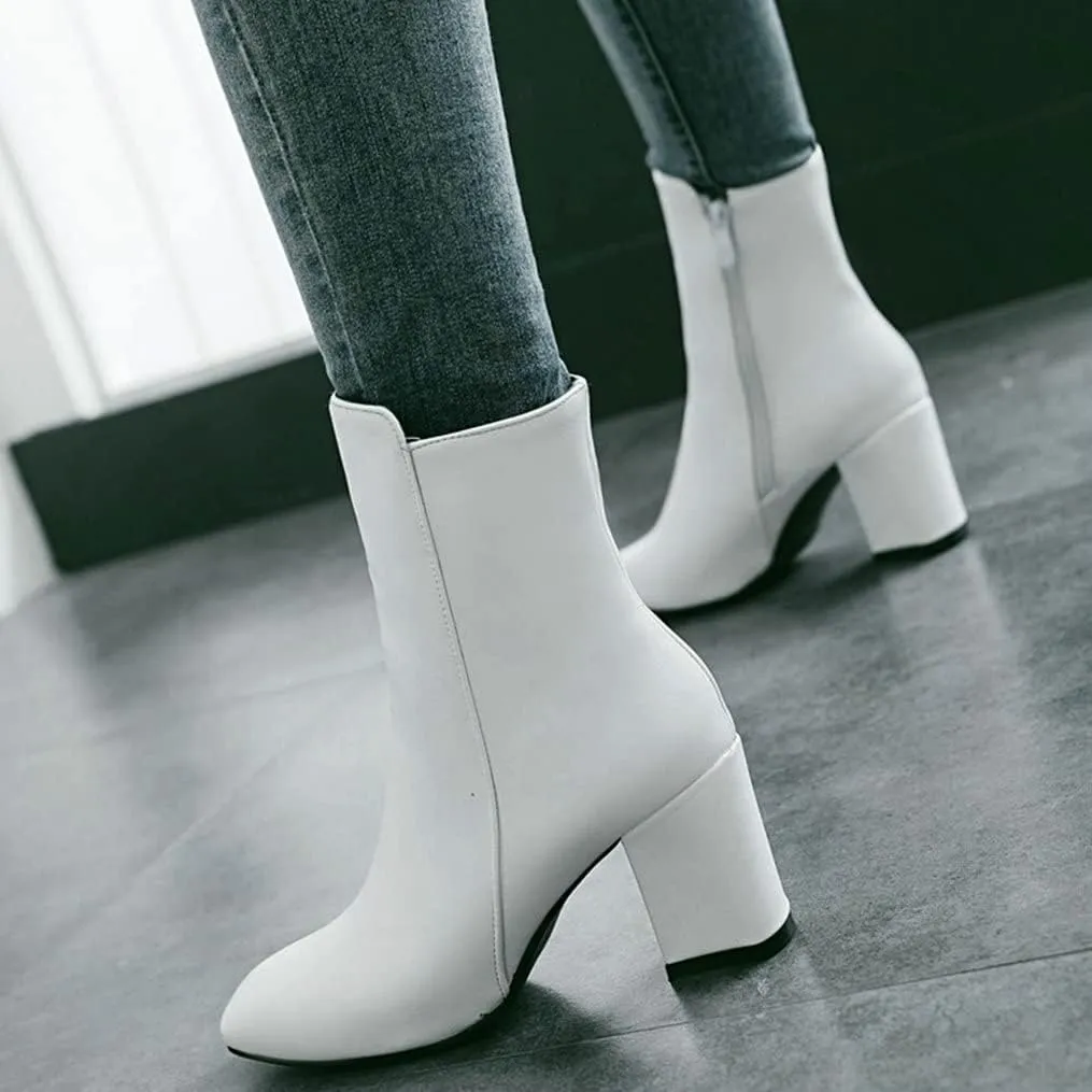 Meefit Women Square Toe GOGO Boots Chunky Heeled Ankle Boots Zipper Winter Block Heel Booties