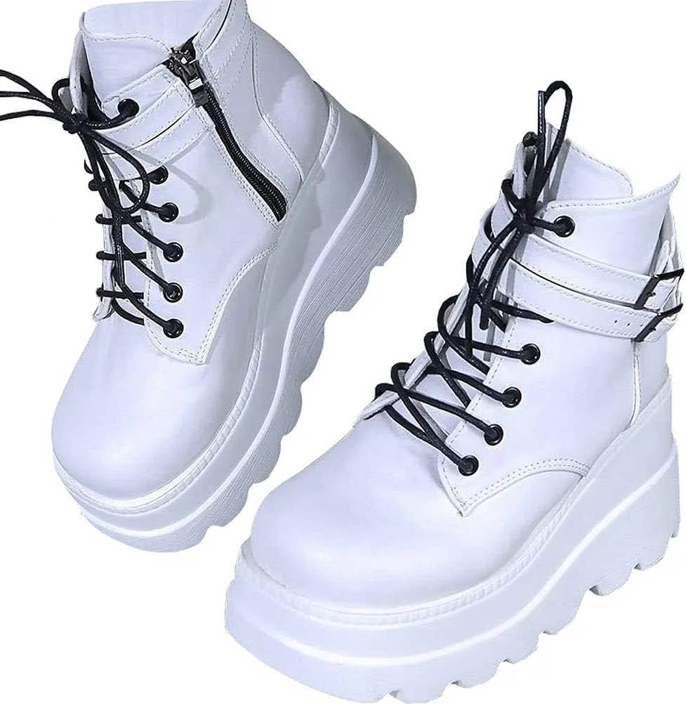 Meefit Women Wedged Boots Goth Lace Up Combat Platform Ankle Boots High Heels Punk Boots