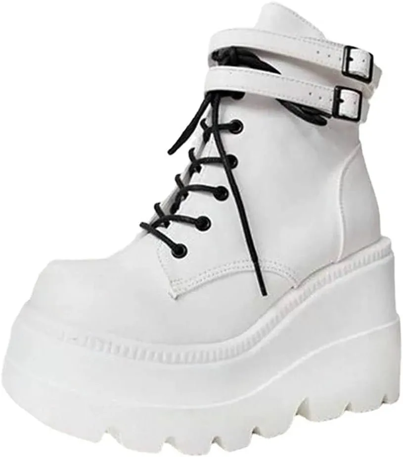 Meefit Women Wedged Boots Goth Lace Up Combat Platform Ankle Boots High Heels Punk Boots