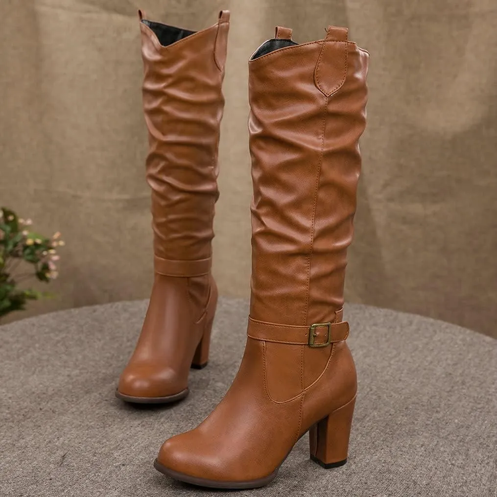 Meefit Women Western Knee High Slouch Boots Chunky High Heel Cowgirl Tall Boots