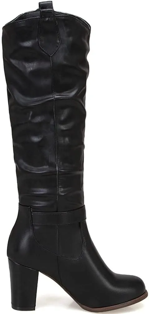 Meefit Women Western Knee High Slouch Boots Chunky High Heel Cowgirl Tall Boots