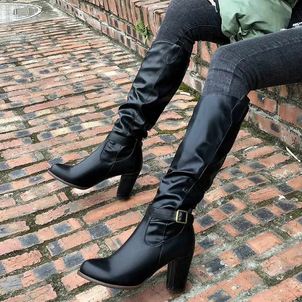 Meefit Women Western Knee High Slouch Boots Chunky High Heel Cowgirl Tall Boots