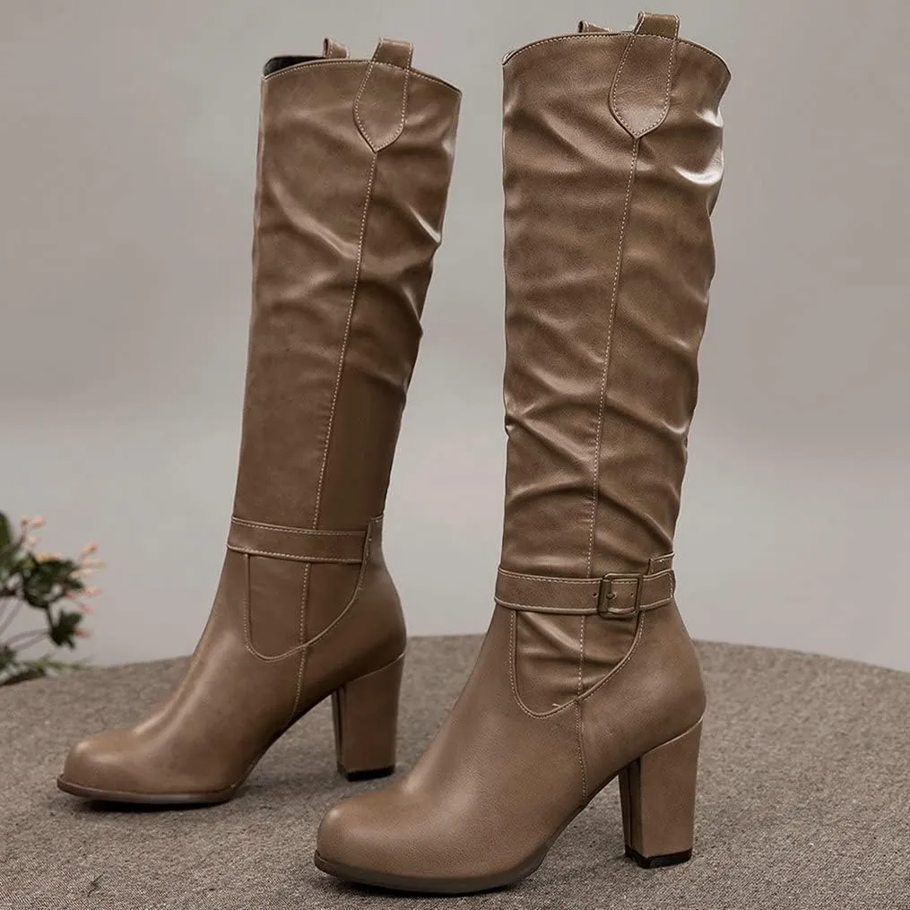 Meefit Women Western Knee High Slouch Boots Chunky High Heel Cowgirl Tall Boots