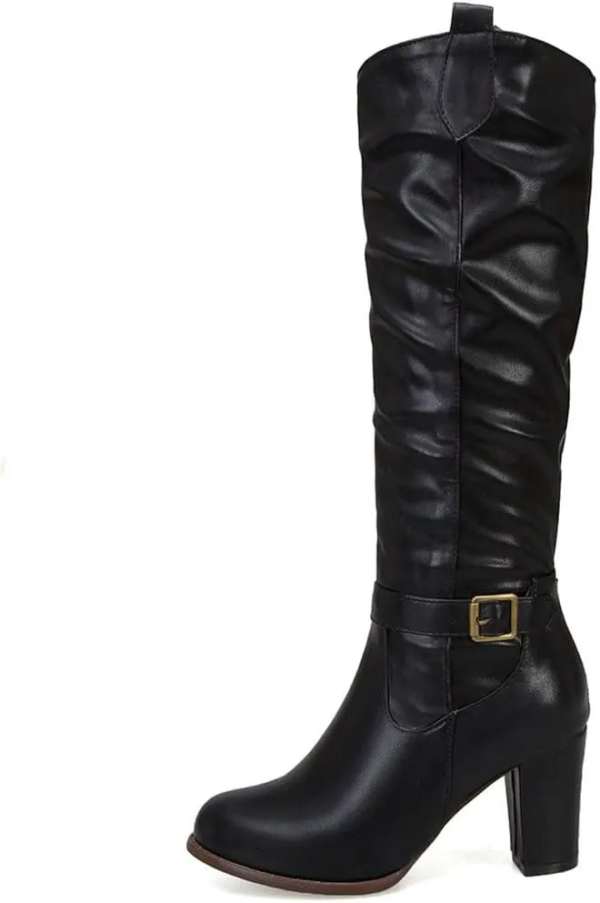 Meefit Women Western Knee High Slouch Boots Chunky High Heel Cowgirl Tall Boots