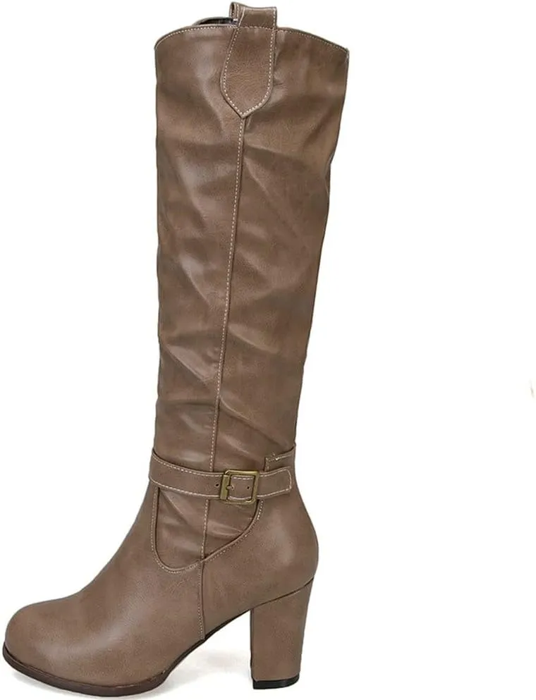 Meefit Women Western Knee High Slouch Boots Chunky High Heel Cowgirl Tall Boots