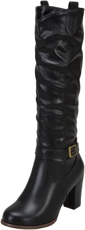 Meefit Women Western Knee High Slouch Boots Chunky High Heel Cowgirl Tall Boots