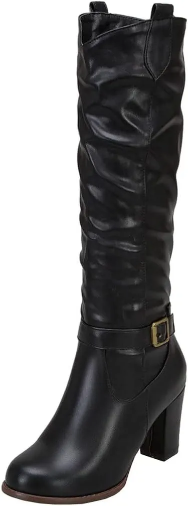 Meefit Women Western Knee High Slouch Boots Chunky High Heel Cowgirl Tall Boots