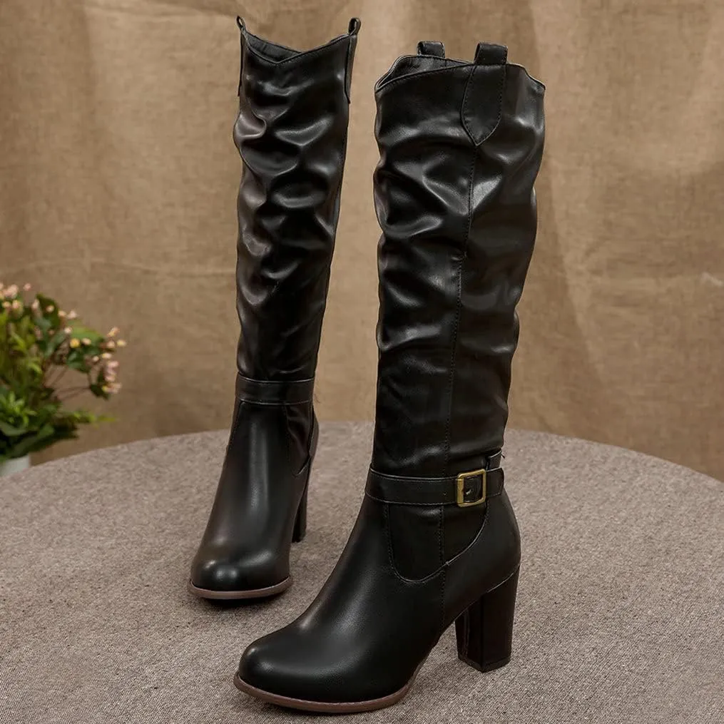 Meefit Women Western Knee High Slouch Boots Chunky High Heel Cowgirl Tall Boots