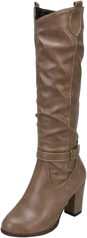 Meefit Women Western Knee High Slouch Boots Chunky High Heel Cowgirl Tall Boots