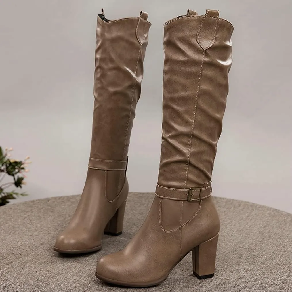 Meefit Women Western Knee High Slouch Boots Chunky High Heel Cowgirl Tall Boots