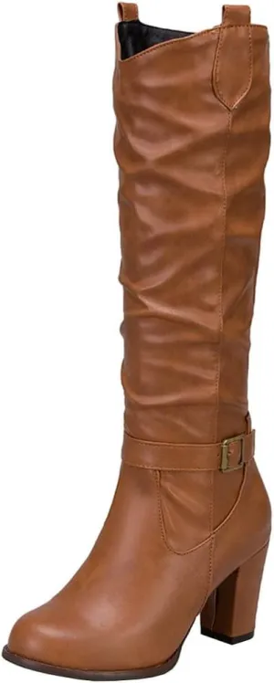 Meefit Women Western Knee High Slouch Boots Chunky High Heel Cowgirl Tall Boots