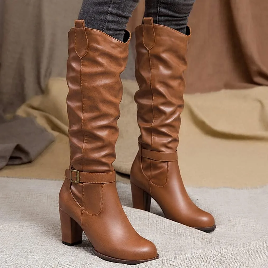 Meefit Women Western Knee High Slouch Boots Chunky High Heel Cowgirl Tall Boots