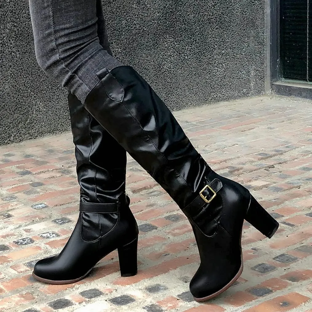 Meefit Women Western Knee High Slouch Boots Chunky High Heel Cowgirl Tall Boots