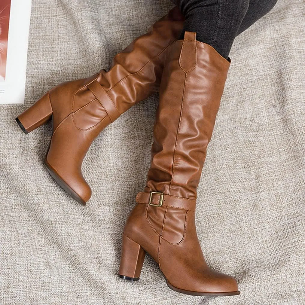 Meefit Women Western Knee High Slouch Boots Chunky High Heel Cowgirl Tall Boots