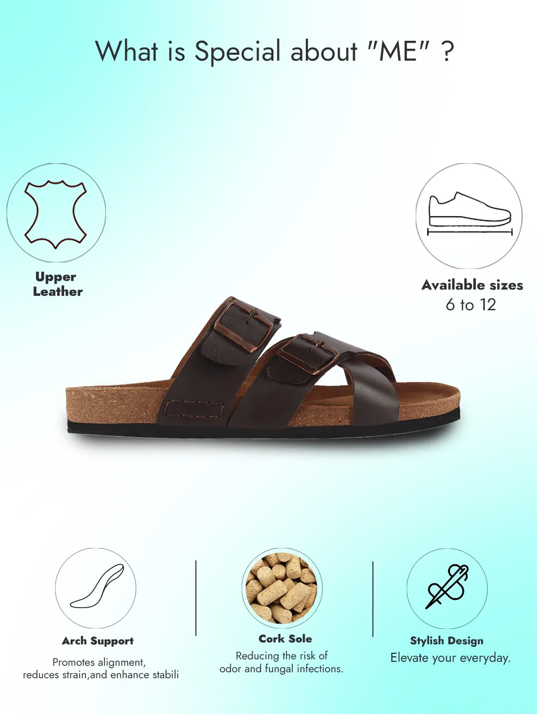 Men Brown Genuine Leather Open Toe Multi Adjustable Strap Ethnic Kurta Slip On Sandals|Anti-Skid Sole Slippers|Cork Latex Suede Footbed