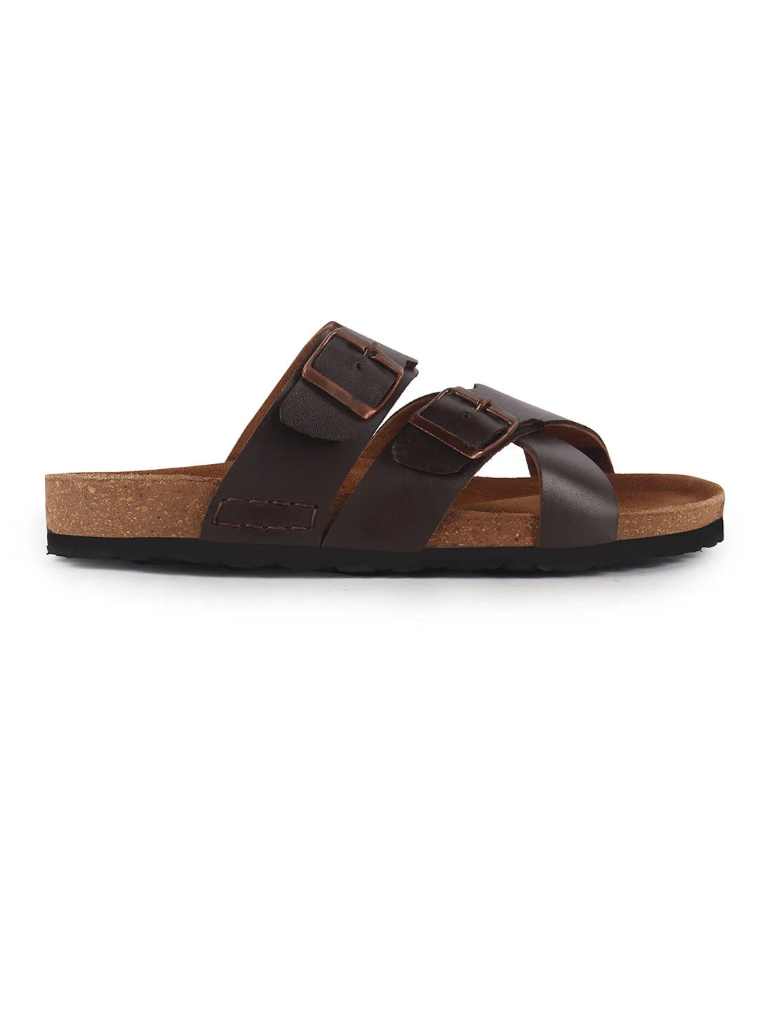 Men Brown Genuine Leather Open Toe Multi Adjustable Strap Ethnic Kurta Slip On Sandals|Anti-Skid Sole Slippers|Cork Latex Suede Footbed