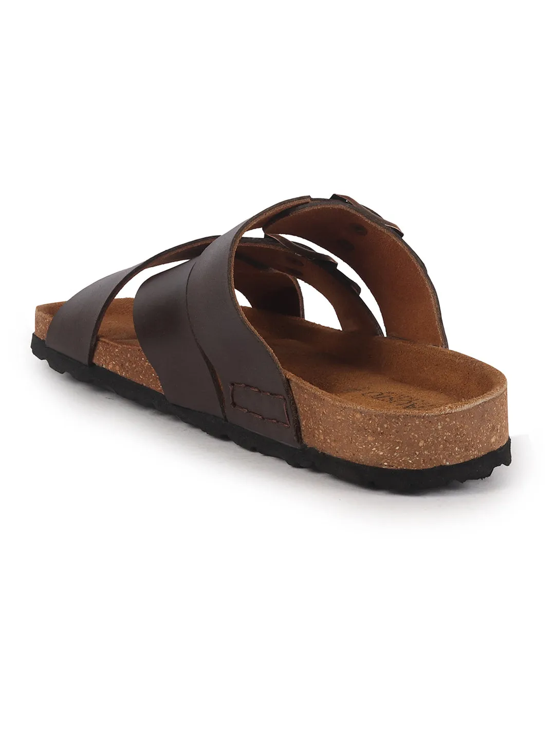 Men Brown Genuine Leather Open Toe Multi Adjustable Strap Ethnic Kurta Slip On Sandals|Anti-Skid Sole Slippers|Cork Latex Suede Footbed