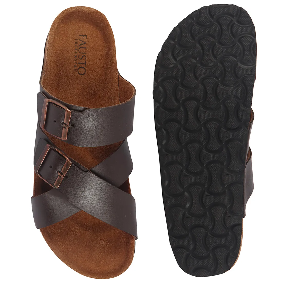Men Brown Genuine Leather Open Toe Multi Adjustable Strap Ethnic Kurta Slip On Sandals|Anti-Skid Sole Slippers|Cork Latex Suede Footbed