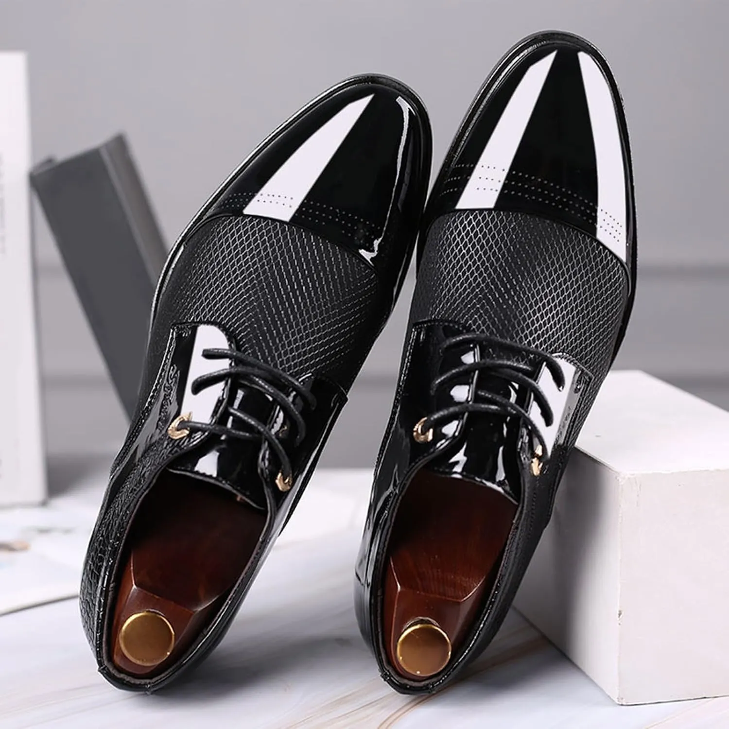 Men Slip On Formal Shoes Wedge Sole Size 10 Wide Men Breathable Business Formal Casual Pointed Toe Shiny Lace Up Patchwork Leather Shoes Mens Casual Oxford Shoes