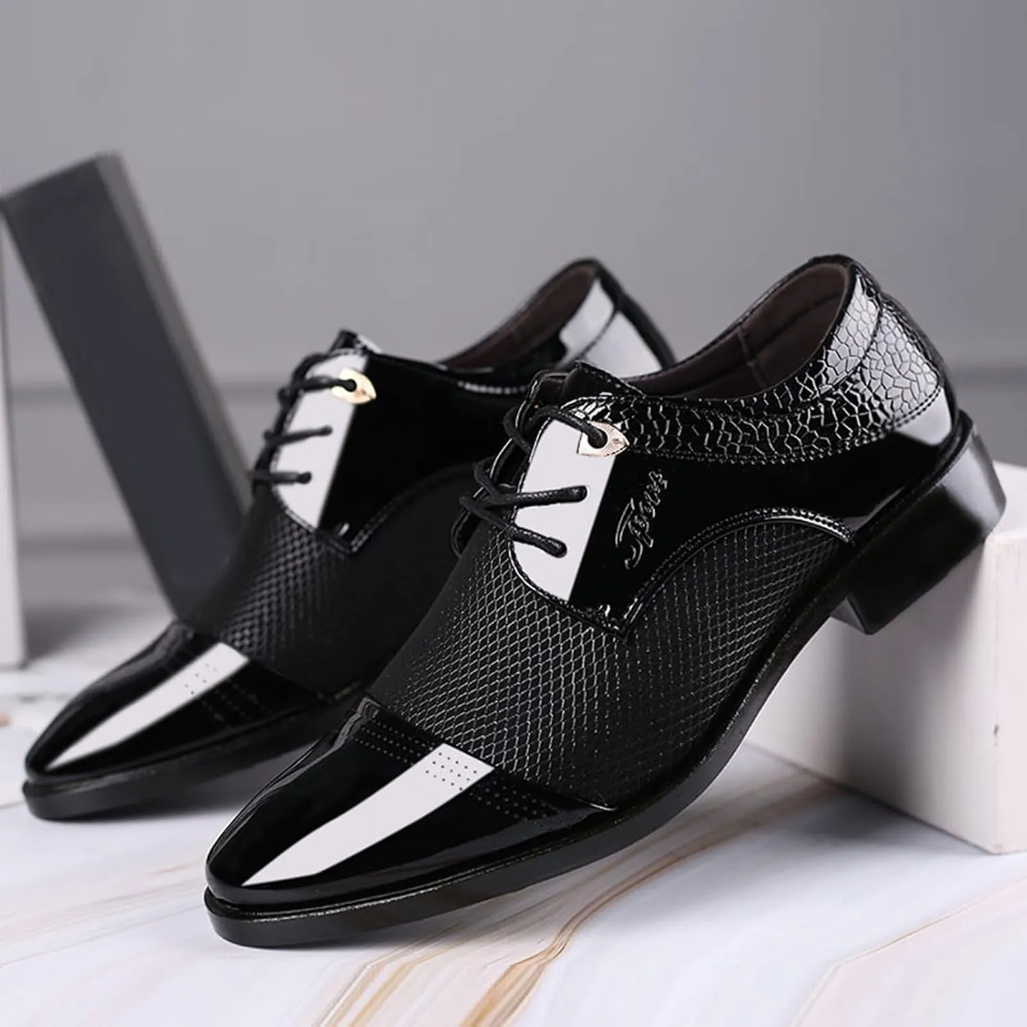 Men Slip On Formal Shoes Wedge Sole Size 10 Wide Men Breathable Business Formal Casual Pointed Toe Shiny Lace Up Patchwork Leather Shoes Mens Casual Oxford Shoes