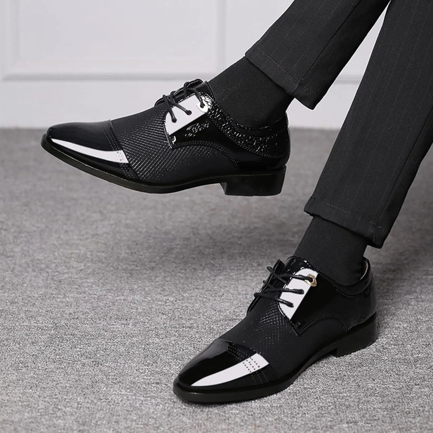 Men Slip On Formal Shoes Wedge Sole Size 10 Wide Men Breathable Business Formal Casual Pointed Toe Shiny Lace Up Patchwork Leather Shoes Mens Casual Oxford Shoes