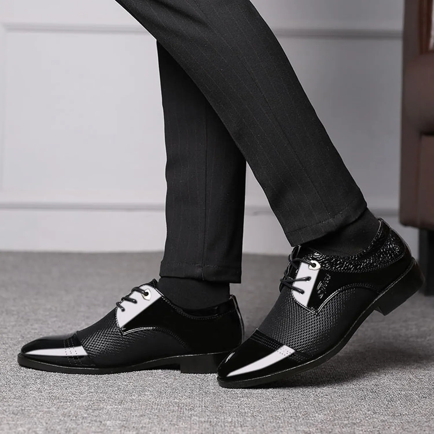Men Slip On Formal Shoes Wedge Sole Size 10 Wide Men Breathable Business Formal Casual Pointed Toe Shiny Lace Up Patchwork Leather Shoes Mens Casual Oxford Shoes